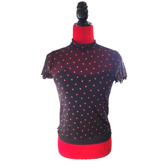 NWT Women's Moa Moa  Black Heart Mesh Crop Top w/Silky Black Undershirt Size: M - Picture 2 of 8